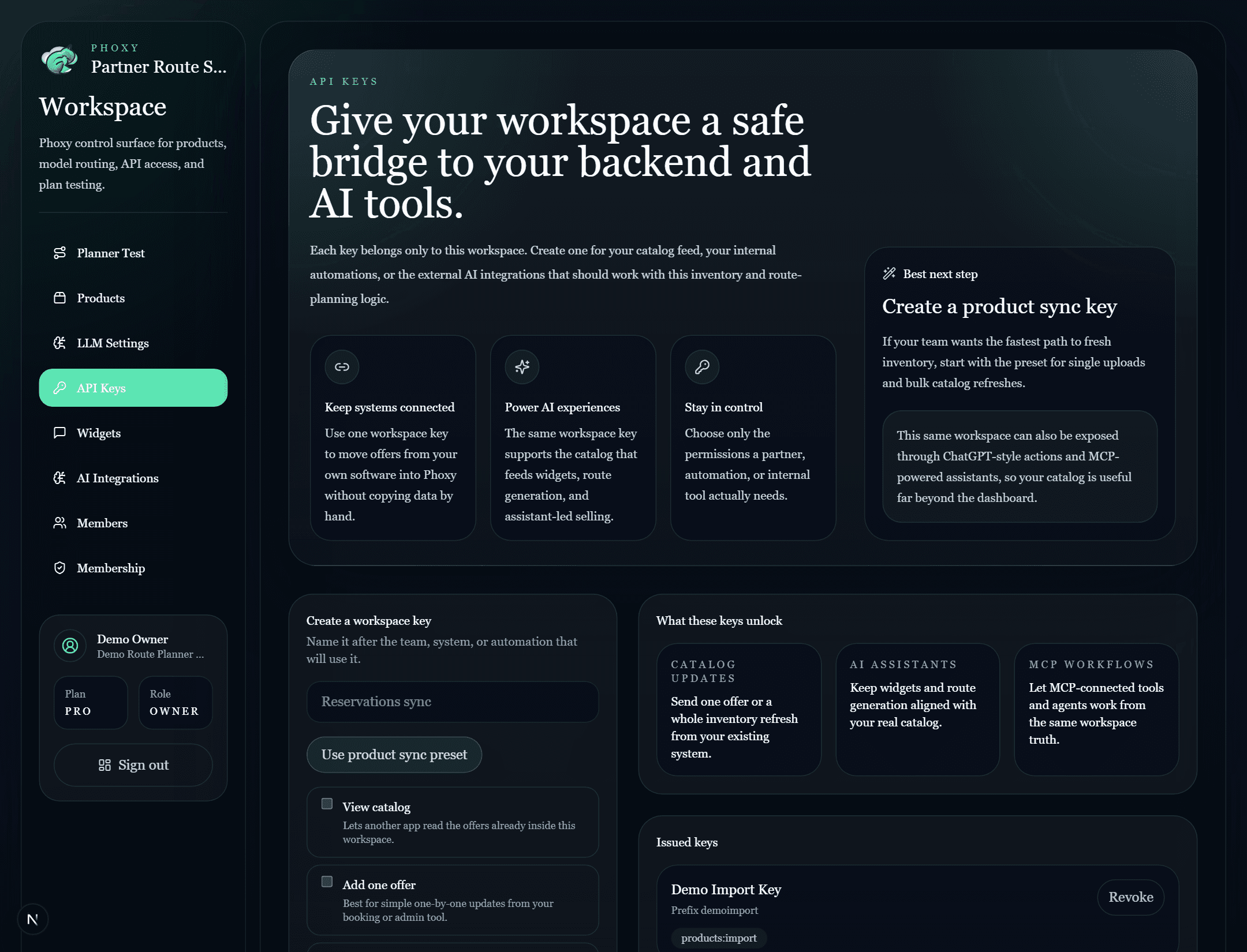 Phoxy dashboard API keys view explaining workspace keys for product sync and AI integrations.