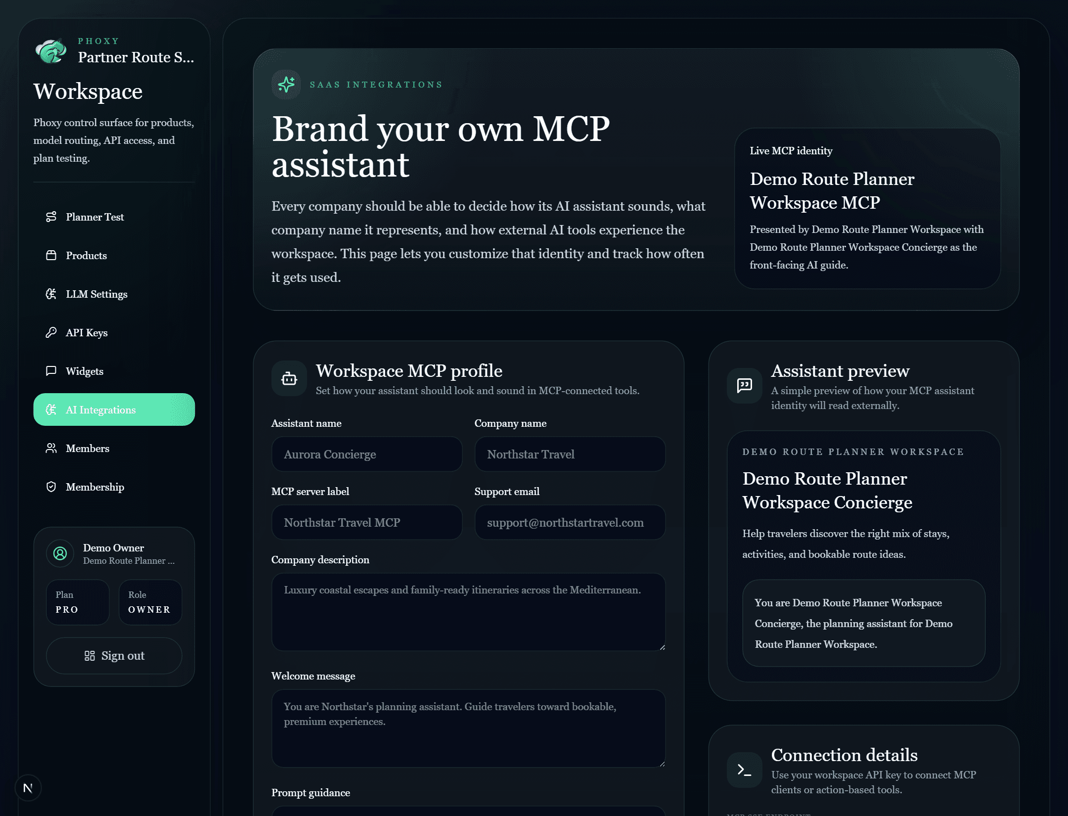 Phoxy dashboard integrations view with branded MCP customization fields, usage analytics, and connection details.