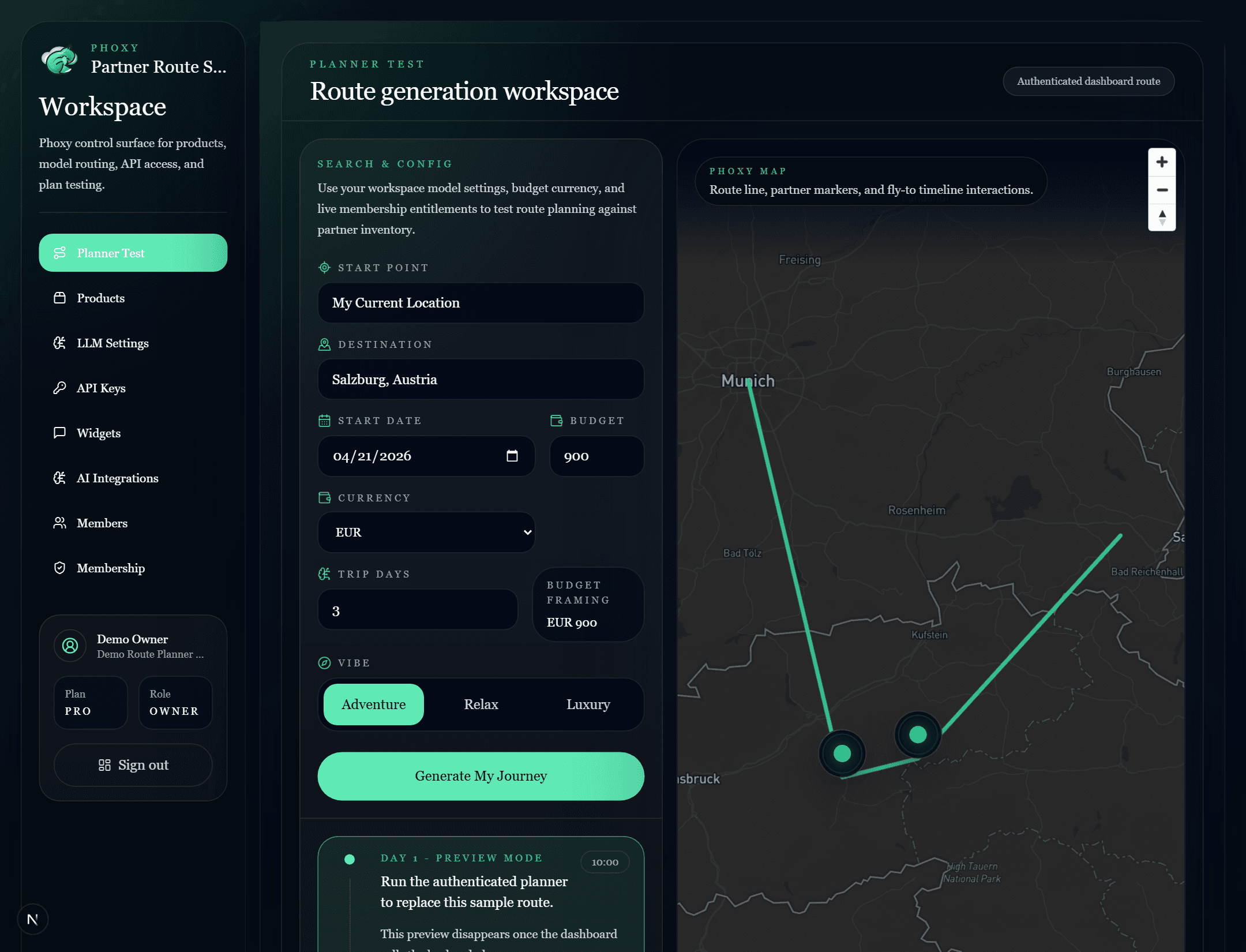 Phoxy dashboard planner test view with map and route generation controls.
