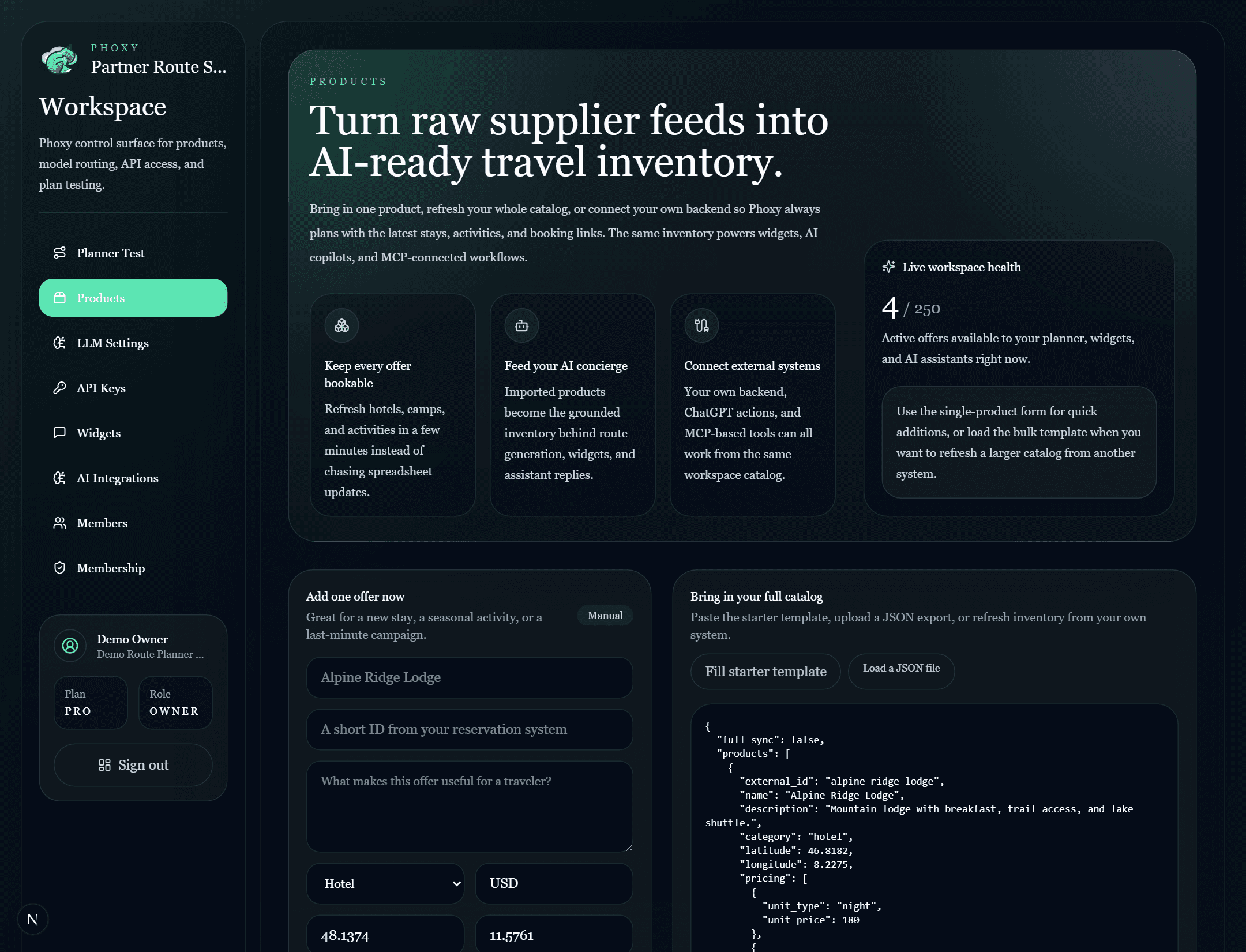 Products import screenshot from the Phoxy dashboard.